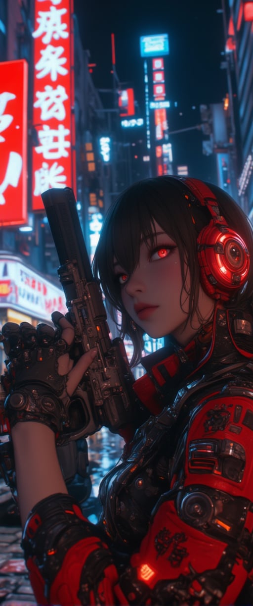 cyberpunk anime, stunning Japanese woman wearing red and black sci-fi power armour, headphones, dark eyeshadow, holding assault rifle on cyberpunk street at night, neon signs and advertising, bokeh, side lighting,ct-physmstyle