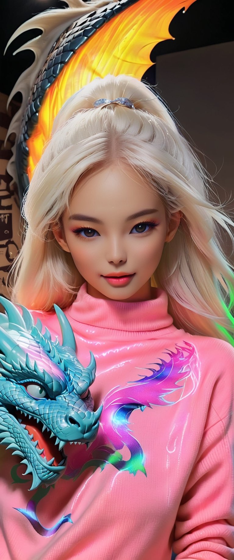 high energy model wearing neon evening sherbet colored luminescent sweater, long straight white platinum hair, lightly glowing, iridescent artsy background, dragon, coffee, half body shot, airbrushed realistic anime 
,ct-drago