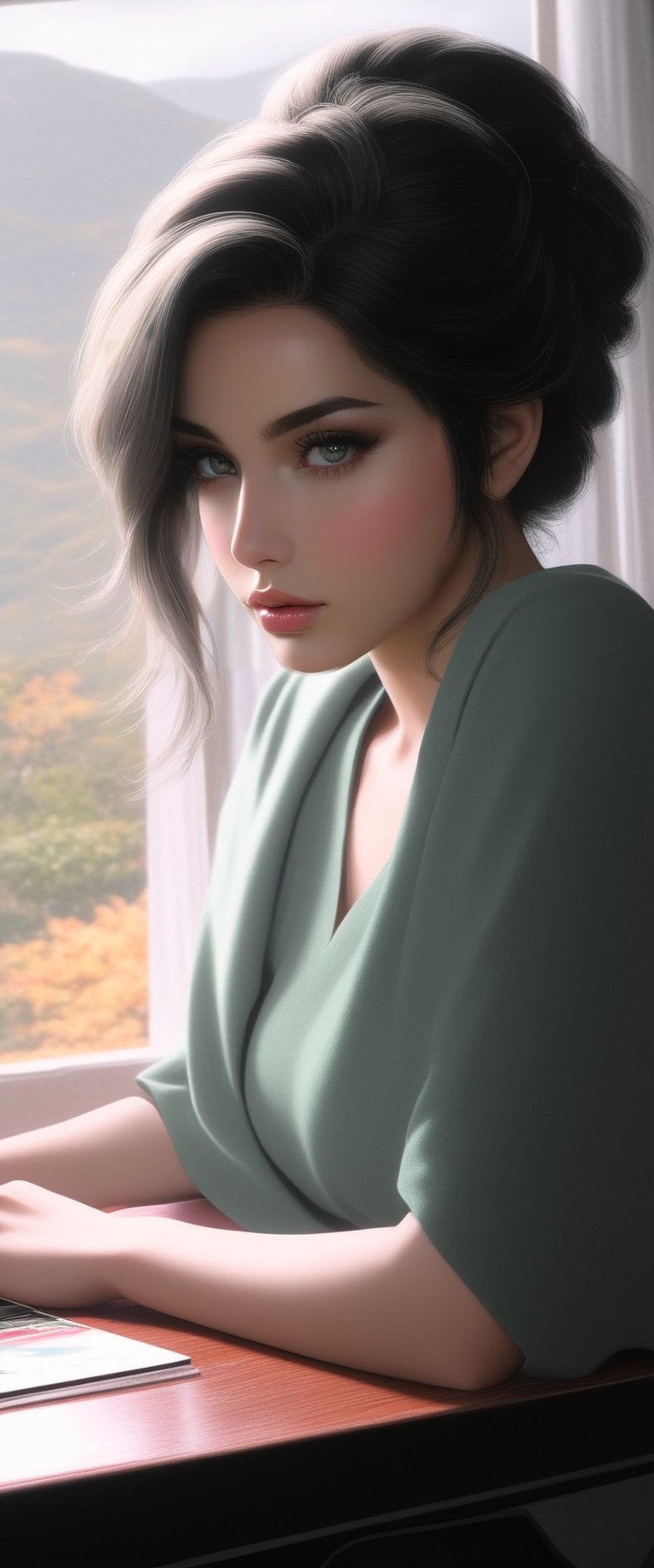 Highly detailed portrait of a girl sitting, sad cruying, on a chair in aroom,20yo,alluring neighbor's wife,clear facial features,model body,,detailed hair,(backdrop: beautiful autumn mountain with rain behind big room window),water drop dripping on the outside of window,laptop on a desk,coffee mug,3 plants in vises,books,fruits,turned on desk stand,(Modern Green,Hazel Brown,Cream color),(perfect hands:1.2),perfect body proportions,
BREAK 
lofi art,anime vibes,wide shot,rule of thirds,studio photo,hyper-realistic,masterpiece, HDR,trending on artstation,8K,Hyper-detailed,intricate details,soft natural volumetric cinematic perfect light,chiaroscuro lighting,soft rim lighting,key light reflecting in the face and eyes,(sagiri:1.2),ani_booster, art_booster,real_booster,H effect,sooyaaa