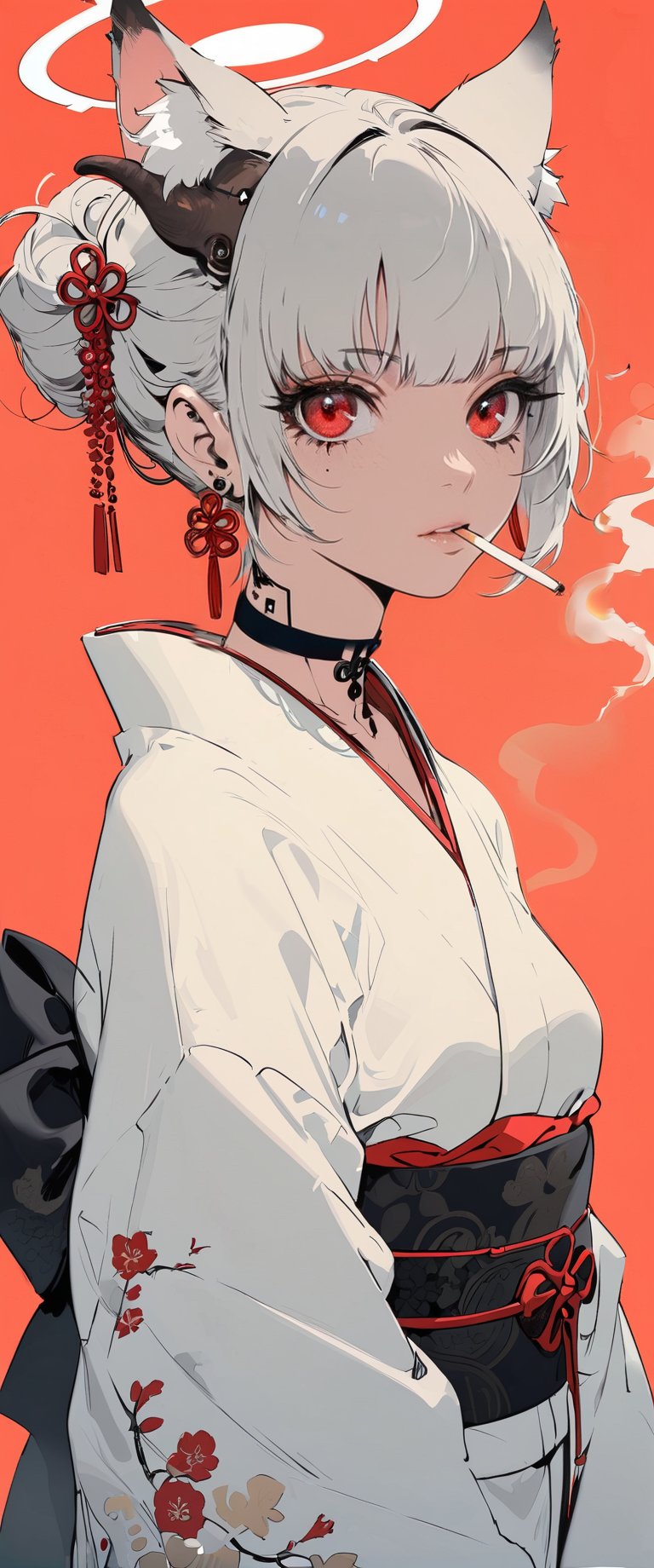 (by Carne Griffiths, Conrad Roset), 1girl,cyborg,  solo, looking at viewer, short hair, bangs, red eyes, animal ears, jewelry, upper body, white hair, earrings, japanese clothes, horns, choker, kimono, animal ear fluff, black choker, halo, red background, smoke, cigarette, white kimono, smoking, egasumi m3,Dark Manga of,Dark Anime of