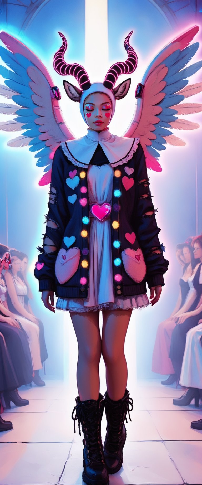 Here is the prompt:

A serene angelic nun stands amidst a vortex of volumetric and chiaroscuro lighting, her big power armor-clad physique radiating an aura of strength. Her helmeted head gazes downwards, her eyes closed in deep contemplation. Twin black wings with red trim unfold from behind, their intricate details illuminated by [glow]. A pastel-streaked pigtails adorned with bows and clips frame her face, while makeup features glitter and heart-shaped stickers. The surrounding environment is a vibrant Harajuku street, blending sweetness with a rebellious edge. The subject's outfit consists of a distressed pastel dress with lace, an oversized torn cardigan, chunky Combat boots, and solid lenses. A faint hint of darkness and light erodes the frame, setting the tone for this ultra-cute, grunge fashion-inspired portrait.