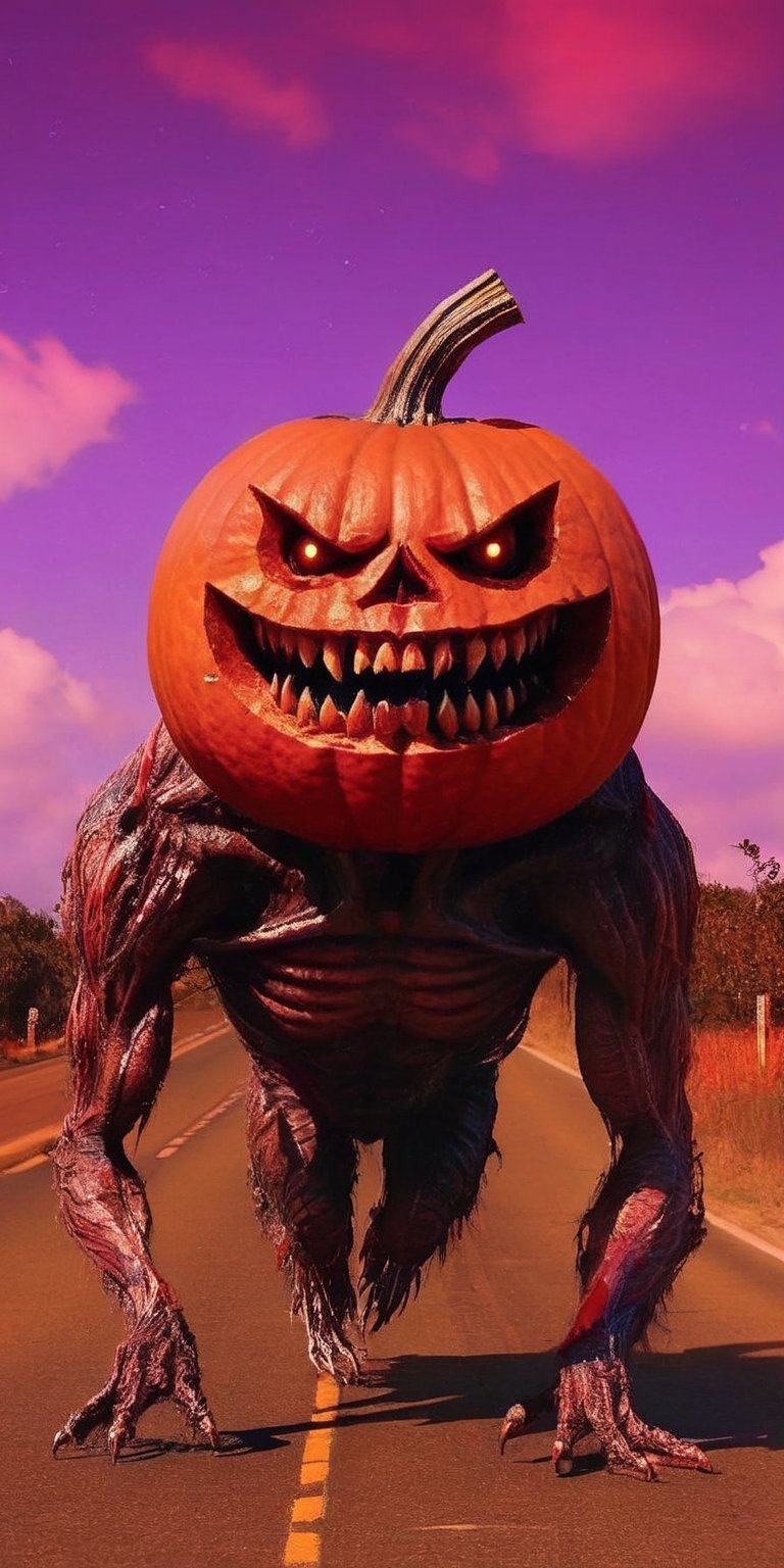 a pumpkin monster creature . Its body combines twisted metal with pulsating flesh. .  grotesque face , with metallic jaws, glowing eyes, and rows of sharp teeth . dark tense and unsettling atmosphere, wearing a cap .sending a postcard,.office, cap, reflections, full bodyblood,fear,  By renowned artists such as ,, Francis Bacon, . Resolution: 4k.,,aw0k euphoric style,HellAI,monster,JPO