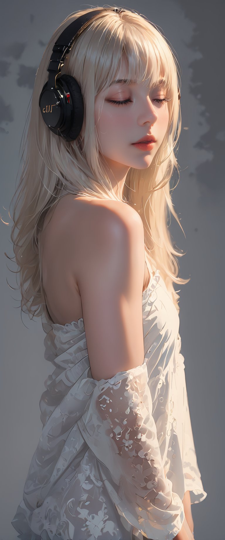 1girl, solo, long hair, bangs, blonde hair, simple background, closed eyes, upper body, white hair, parted lips, blunt bangs, grey background, from side, lips, profile, headphones, cablereal,realistic,real_life,chiarosaurio,dal-27,dal-1,ct-virtual