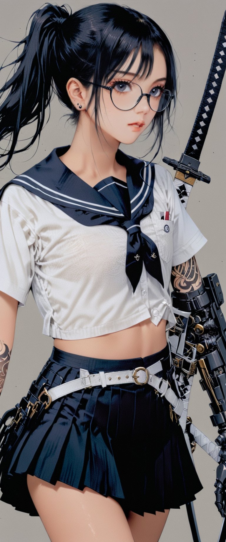 1girl, solo, long hair, bangs, skirt, shirt, black hair, navel, holding, jewelry, school uniform, white shirt, ponytail, weapon, short sleeves, pleated skirt, earrings, glasses, serafuku, midriff, belt, sword, black skirt, sailor collar, grey background, holding weapon, black eyes, from side, tattoo, holding sword, katana, sheath, mechanical arms, single mechanical arm