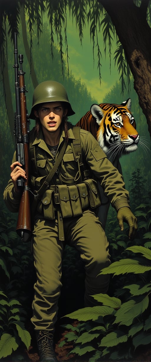 Create a tense jungle scene set in Vietnam, featuring a dense, lush environment with thick foliage, tall trees, and tropical plants. We see the close up face of an American Marine, showing fear in his face, is cautiously walking towards the viewer, holding a rifle in a ready position. He is dressed in camouflage fatigues and a helmet, blending into the surroundings. Unbeknownst to him, a distance away, a stealthy tiger is following closely behind, partially obscured by the foliage. The tiger's eyes are fixed on the soldier, adding a sense of impending danger to the scene. The overall atmosphere should be one of suspense, with the jungle's dense greenery and shadows heightening the tension,l,ct-anime55,ct-physmstyle,ct-jennie