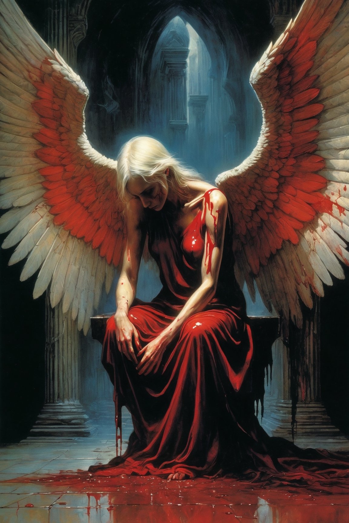 A chilling depiction of a menacing fallen angel  in a dark and atmospheric setting, with blood dripping from its wings. The artwork should be highly detailed and realistic, utilizing dynamic lighting and shadows to enhance the horror element. The color palette should be dark and moody, with hints of red to emphasize the presence of blood. By renowned artists such as H.R. Giger, Zdzisław Beksiński, and Brom. Resolution: 4k.,,aw0k euphoric style,EpicSky,P1980