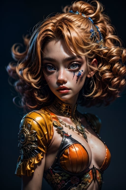 3d manga art, anime,   woman  clown with an orange curly hair, holding an LMG, detailed, Abstract Black oil, coloring pen,High detailed 