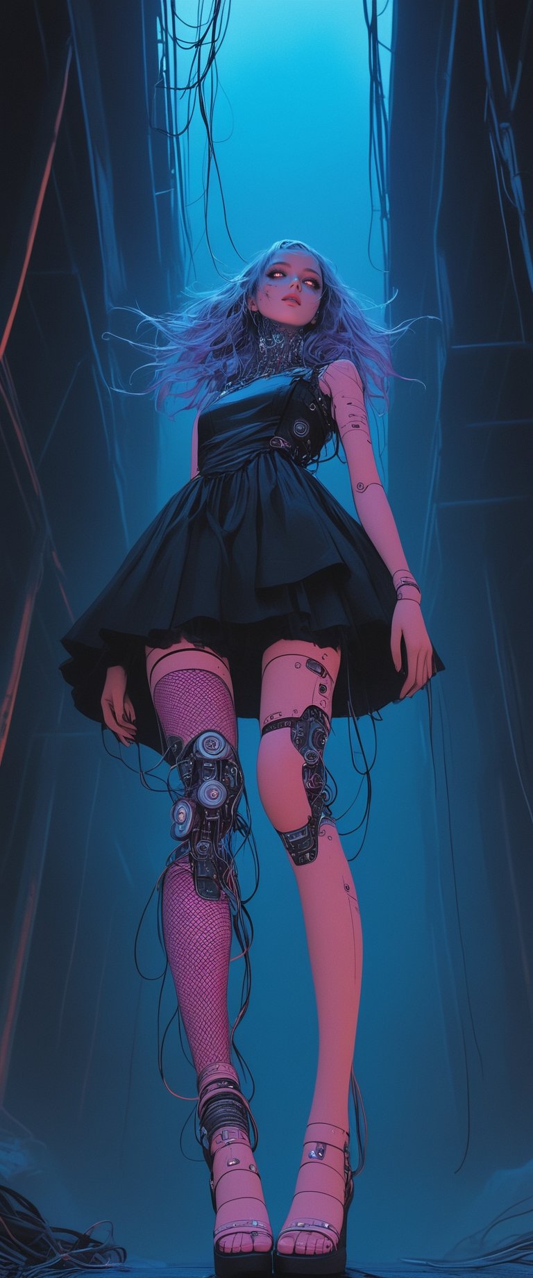 A cyborg girl sex doll hangs precariously from a rickety catwalk inside a decaying warehouse, her metallic limbs splayed out like a macabre sculpture. The air is thick with dust and the faint hum of machinery whirs in the darkness. Her synthetic skin glows with an eerie luminescence, as if charged by the city's raw energy. In this dystopian landscape, the only sound is the creaking of twisted metal and the distant thrum of neon-lit advertisements piercing the bleakness.,l4rg33y3s