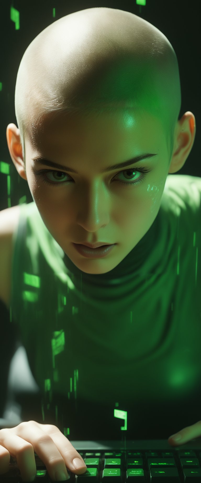 hacker with a shaved head and vibrant green streaks dyed into her remaining hair. Her fingers fly across a holographic keyboard, cracking the secure mainframe of a virtual world. A defiant smirk dances on her lips, her expression a mix of mischief and exhilaration.
