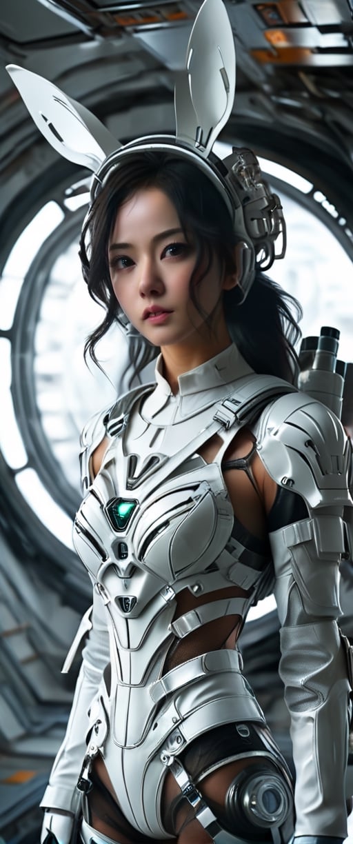 There is a woman in a futuristic suit standing on a space station, wearing cyber bunny ears, in white futuristic armor, 8k 3D rendering character art, sci-fi character, hyper realistic cyberpunk style, 8k ultra realistic cyberpunk art, science character fiction, cgsociety uhd 4k very detailed, cgsociety 8k, cgsociety 8k,hubg_mecha_girl