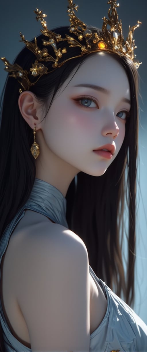 This image is a digital drawing in a highly detailed, realistic anime style. The subject is a young woman with a slender, athletic build and fair skin, likely of East Asian descent. She has long, dark hair cascading down her back and piercing blue eyes with a serious, slightly melancholic expression. She is adorned with a golden crown adorned with small, glowing stars, suggesting a regal or fantastical theme.