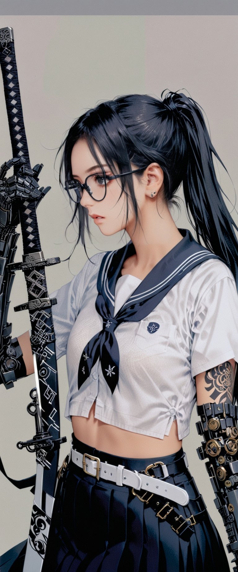 1girl, solo, long hair, bangs, skirt, shirt, black hair, navel, holding, jewelry, school uniform, white shirt, ponytail, weapon, short sleeves, pleated skirt, earrings, glasses, serafuku, midriff, belt, sword, black skirt, sailor collar, grey background, holding weapon, black eyes, from side, tattoo, holding sword, katana, sheath, mechanical arms, single mechanical arm