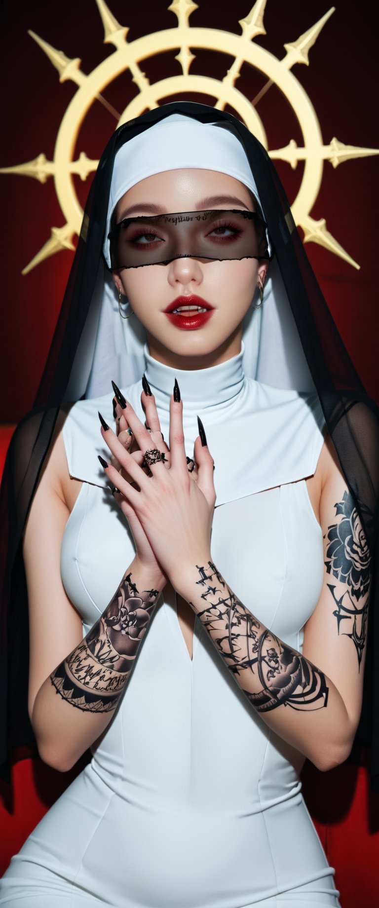 1girl, solo, breasts, , dress, white dress, fingernails, tattoo, colored skin, halo, dark,, veil, sharp fingernails, claws, nun, habit, covered eyes,  sexy vampire, fangs,ct-jeniiii, ct-goeuun