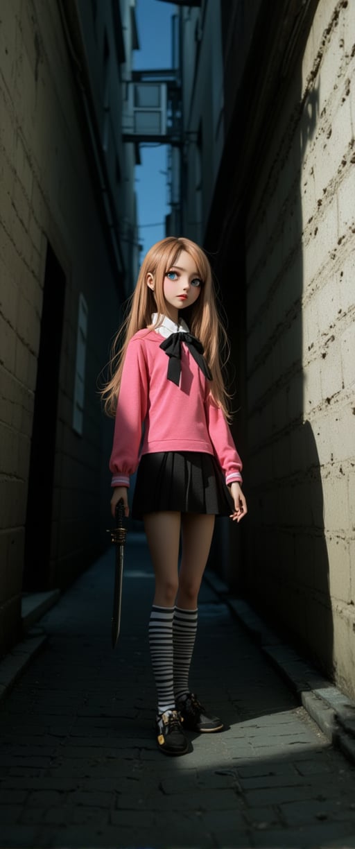 a female doll stands in a dark alleyway, holding a sword in her right hand. She is dressed in a pink long-sleeved shirt, a black skirt, and striped socks. Her hair is a vibrant shade of brown, and her eyes are a piercing blue. She has a black bow tie around her neck, adding a pop of color to her outfit. Her left hand is positioned in front of her body, while the right hand is resting on her hip. Her shadow is cast on the wall on the right side of the image.