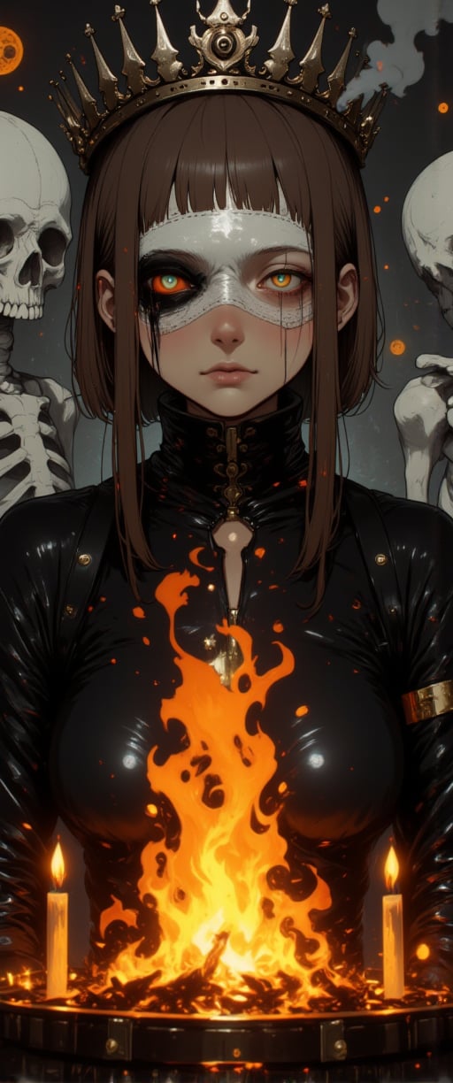 A dramatic shot frames the woman in a black leather outfit, adorned with a striking white mask and regal crown, her face painted with bold black eye makeup against her vibrant brown hair. Before her, a blazing fire burns brightly, its warmth and light contrasted by the stark black and white backdrop. To either side, two skeletons loom, their bony forms adding an eerie presence to the scene.