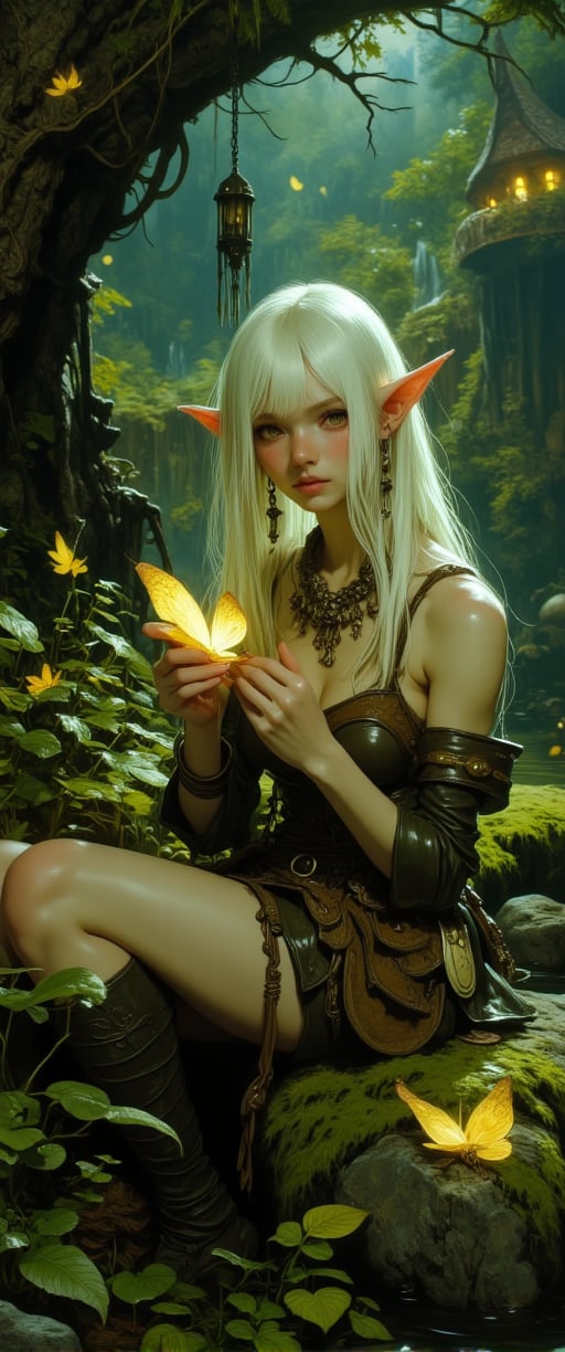 A mystical female goblin sits serenely on a moss-covered rock amidst a whimsical forest, blending earthy elegance with her unique charm. Her radiant white hair cascades down her back as she gently cradles a glowing butterfly in delicate fingers. The soft leather and cloth tunic adorns her with bone jewelry and natural accents, while her pale green skin glows softly. Luminescent plants, fireflies, and magical creatures surround her, bathed in the high-contrast light of the forest, creating an ultra-detailed, dreamlike atmosphere.