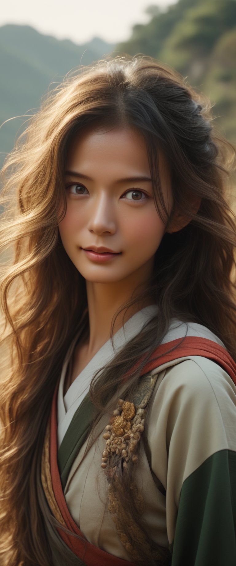 (masterpiece), ((best quality)), ultra-detailed, (illustration), (dynamic angle), (Portrait), (woman), ((detailed face)), (long hair), beautiful detailed gradient eyes, (colourful background), (martial art clothes), traditional clothes, dynamic angle, gold and white lining, (dynamic pose), (mystical landscape), detailed clothes, (good anatomy), gradient eyes, smile,