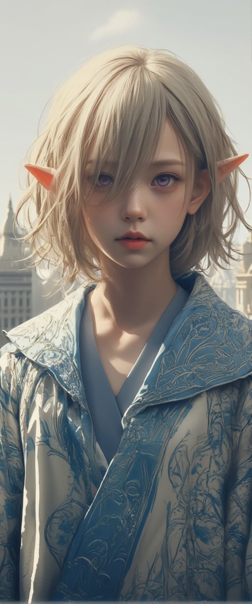 This is a digital ilustration in a stylized,  fotorealistic  art style. The subject is a young elf-like character with a pale, slender face and pointed ears. The character has shoulder-length, messy, light blonde hair with a slight fringe covering one eye. Their skin is fair, and they have large, expressive purple eyes. They wear a traditional, flowing robe in shades of blue and white, adorned with intricate, swirling patterns in a light blue color.