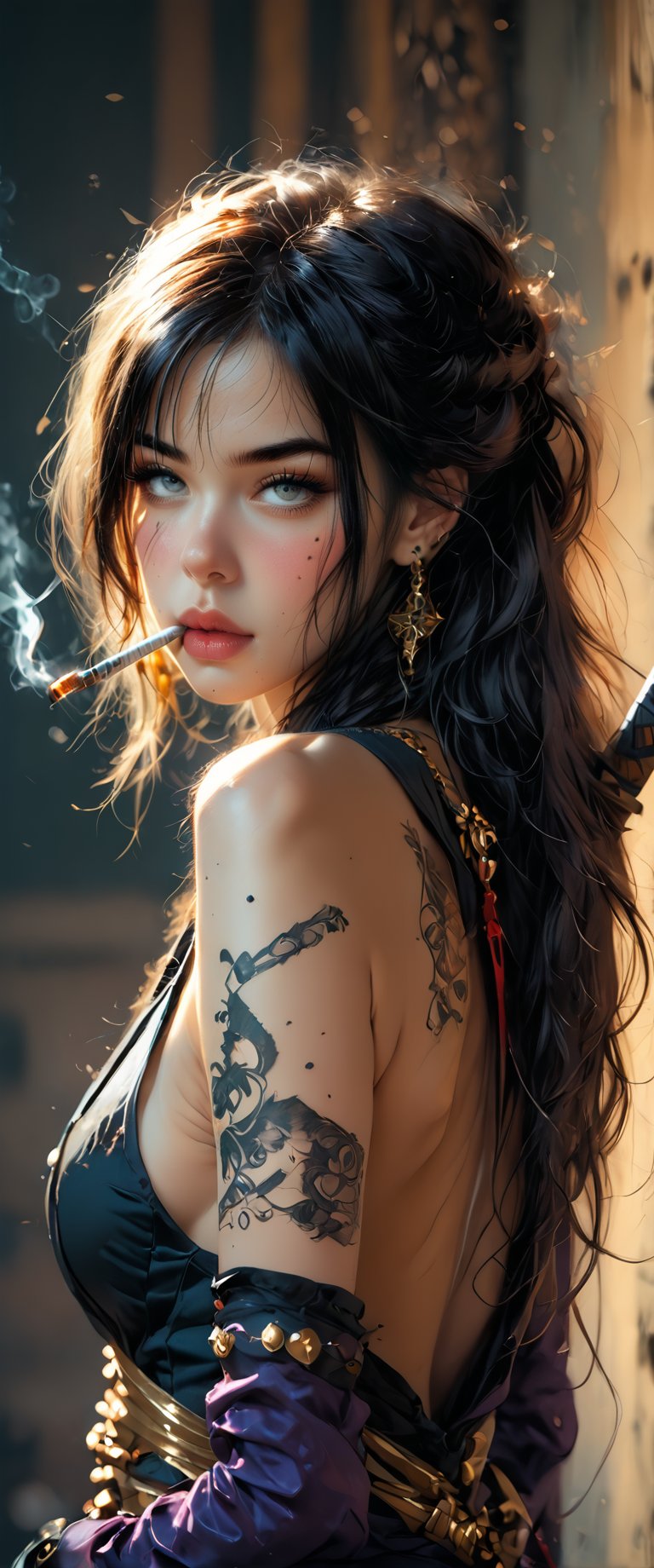 1girl, solo, long hair, breasts, looking at viewer, black hair, gloves, jewelry, weapon, earrings, sword, mole, lips, mole under eye, sideboob, tattoo, makeup, piercing, mole under mouth, eyeshadow, cigarette, backless outfit, back tattoo,mona,side boob,sexy