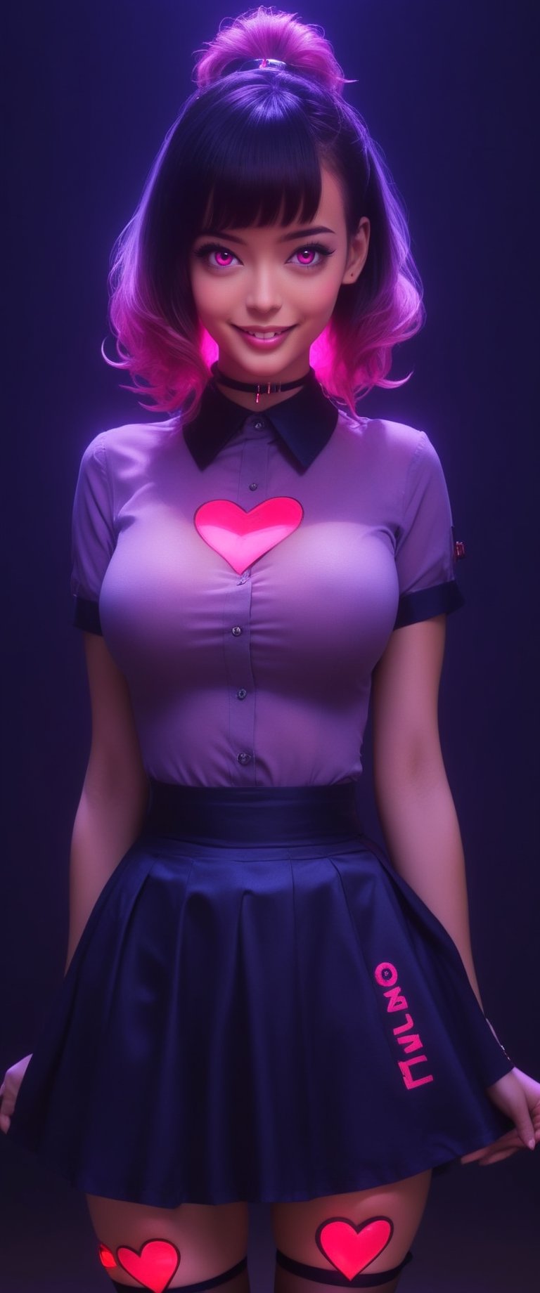 BEST QUALITY, HIGHRES, ABSURDRES, HIGH_RESOLUTION, MASTERPIECE, SUPER DETAIL, HYPER DETAIL, INTRICATE_DETAILS, LIGNE_CLAIRE, PERFECTEYES, DARK EYELASHES, EYELINER, SOFT GLOWING EYES, large breast, sexy body, 1girl, solo, (monja con una pistola y una cruz en el pecho, wojtek fus, monja guerrera cyberpunk, guweiz, Obra maestra de Guweiz, obra de arte al estilo de guweiz, James Gurney Brom, guillemos h. pongiluppi, estilo de raymond swanland, krenzcushart, inspirado en Raymond Swanland, ciberpunk ortodoxo, , , 
), looking at viewer, smile, bangs, hair ornament, pink hair, heart, choker, pink eyes, grin, collar, english text, bandaid, heart hair ornament, bandaid on face, colorful, sticker, neon lights, blacklight, collared shirt, rolled up sleeve, business skirt, full_body, view from away, facing_viewer,niji5,breasts,hourglass body shape, cleavage cutout, crouched
,Movie Still, ct-nijireal, ct-fujiii