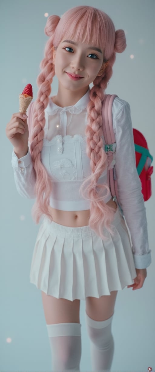 A cinematic reality film scene unfolds: a 18-year-old Korean beauty model, with oversized blue eyes and a gorgeous face, stands solo against a grey background. Her long, pink-haired braids are tied with hair bows, adorned with ahoges. She wears a white serafuku uniform with a pleated skirt, thigh-highs, and a red bow on her backpack. In one hand, she holds a popsicle, while in the other, a strawberry ice cream cone reflects off her thigh-high boots. Her detailed features, from blush to navel, are captured in stunning focus against a misty backdrop, as sparks of light dance across her face. The soft lighting and depth of field create a sense of intimacy, drawing the viewer's attention to her smiling, idolic beauty., ct-virtual_jisoo, ct-jissoo