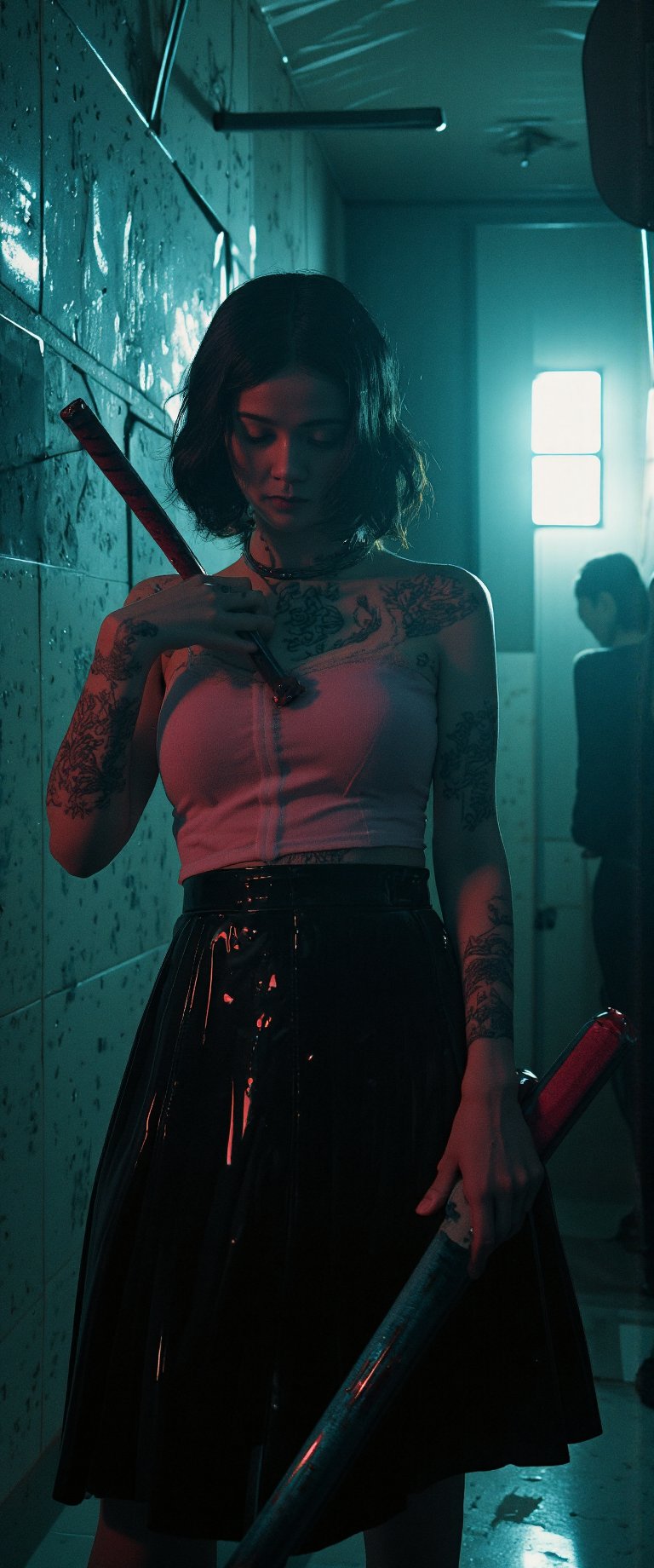 In a dimly lit, abandoned prison cell, a solitary figure stands, shrouded in an aura of dread and foreboding. A beautiful woman with a bob cut, two-tone hair, and a pink shirt under her black high-waisted skirt dons a latex uniform adorned with intricate tattoos. She holds a katana over her shoulder, its reflection rippling on the marble-patterned background like a dark mirror. Her face is a masterpiece of elegance and brutality, set against a backdrop of vivid colors and dramatic lighting. The overall composition evokes a sense of unity and chaos, as if the very fabric of reality has been torn asunder. In this cinematic masterpiece, the boundaries between horror art and realist portraiture blur, beckoning the viewer into a realm of beauty and unease., ct-virtual_jisoo