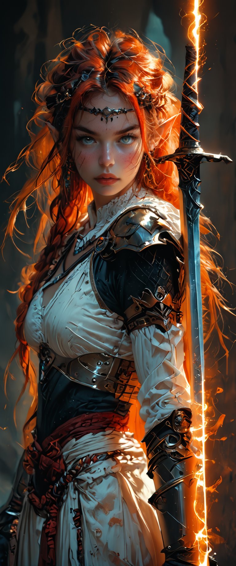 1girl, solo, long hair, looking at viewer, hair ornament, gloves, holding, jewelry, standing, weapon, braid, red hair, earrings, pointy ears, sword, indoors, holding weapon, armor, grey eyes, glowing, watermark, holding sword, elf, shoulder armor, gauntlets, pauldrons, circlet, breastplate, glowing weapon, glowing sword