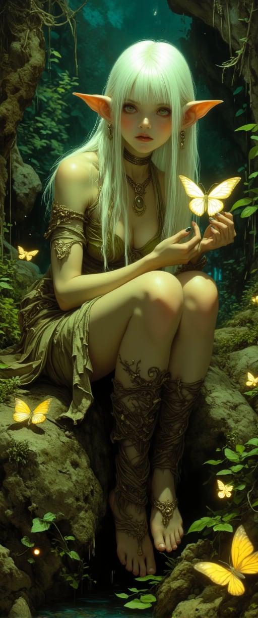 A mystical female goblin sits serenely on a moss-covered rock amidst a whimsical forest, blending earthy elegance with her unique charm. Her radiant white hair cascades down her back as she gently cradles a glowing butterfly in delicate fingers. The soft leather and cloth tunic adorns her with bone jewelry and natural accents, while her pale green skin glows softly. Luminescent plants, fireflies, and magical creatures surround her, bathed in the high-contrast light of the forest, creating an ultra-detailed, dreamlike atmosphere.