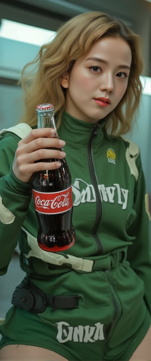 masterpiece, Movie Still, Film Still, Cinematic, Cinematic Shot, (RAW photo, 8k uhd, Analog style, Masterpiece, Best Quality, Highres:1.4), (dramatic, cinematic:1.2), BREAK, movie shot of (brutal:1.1)  woman with blond curly hair, sporting a green spacesuit, warmly smiles as she holds a bottle of Coca-Cola in her hand. She is depicted against the backdrop of a spaceship interior, enhancing the overall sci-fi feel of the illustration. , ,,ct-virtual,ct-virtual_v2,ct-visual