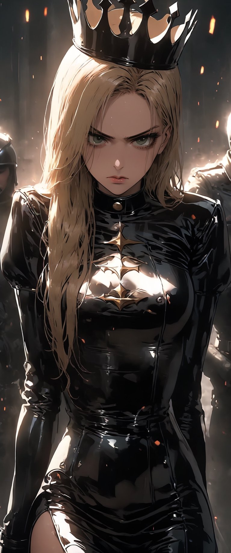 poster of a sexy   [princess, suffering,  burdened by the weight of a crown,  ]  in a  [ ], pissed_off,angry, latex uniform, eye angle view, ,dark anime
