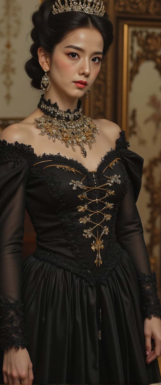 Elegantism, opulent scene, full portrait of a Victorian lady, heroic, black clothes, gold trim, castle, head and shoulders portrait, 8k resolution. (masterpiece, top quality, best quality, official art, beautiful and aesthetic:1.2), (1girl:1.4), upper body, blonde hair, portrait, extreme detailed, ,Leonardo Style,DonMF41ryW1ng5XL