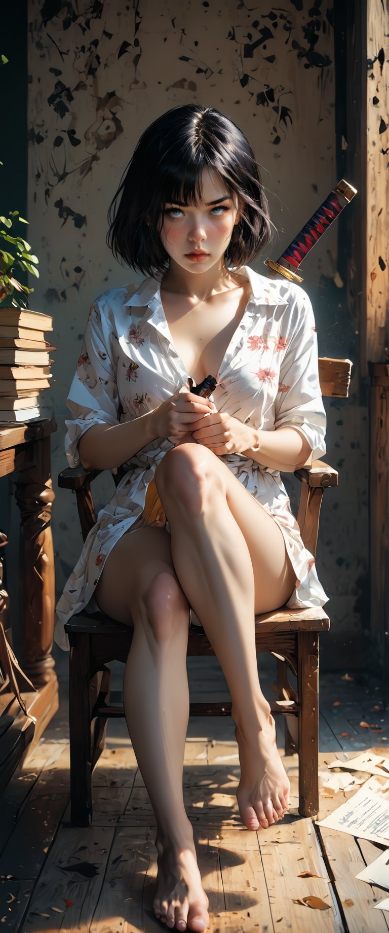 1girl, solo, breasts, looking at viewer, short hair, bangs, shirt, black hair, holding, sitting, closed mouth, collarbone, weapon, barefoot, collared shirt, sword, blunt bangs, lips, book, chair, floral print, bob cut, crossed legs, katana, paper, over shoulder, weapon over shoulder, book stack, sword over shoulder,mona