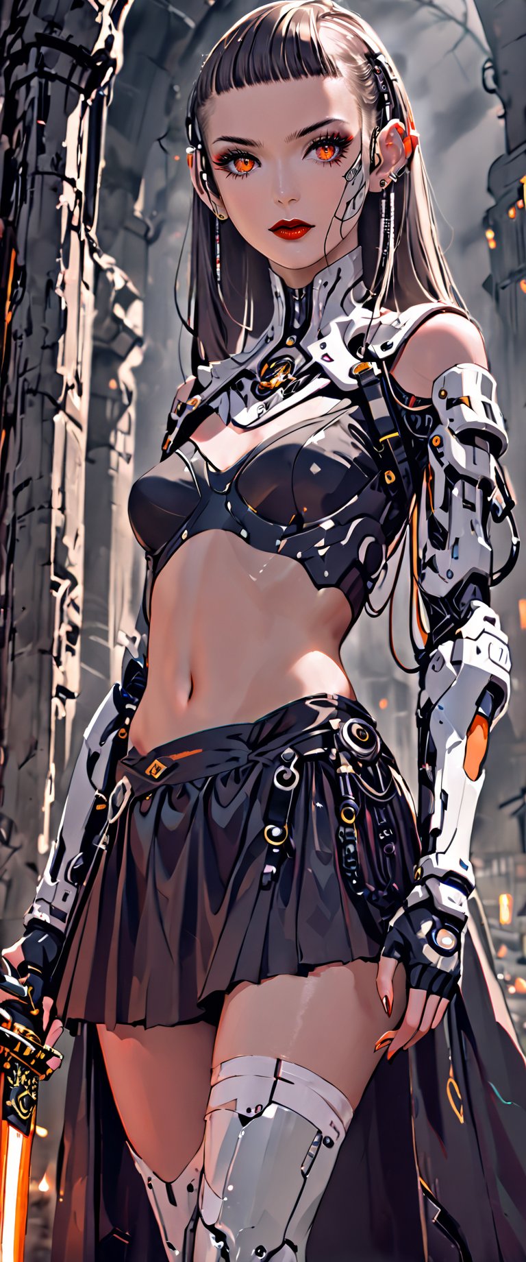 A smoky club ambiance fills the frame: a cyborg femme fatale, solo and unapologetic, locks eyes with the viewer. Her bangs contour her striking features as she gazes directly ahead, her skirt and fingerless gloves hinting at hidden menace. A navel ring glints amidst armor- plated shoulders, punctuated by shoulder spikes and Japanese-inspired pauldrons. The dim lighting accentuates her piercing orange eyes as she holds a katana sword with bandaged sheath. An oni mask and ear adornment complete her enigmatic high-fashion persona.,Comic Book-Style,H effect