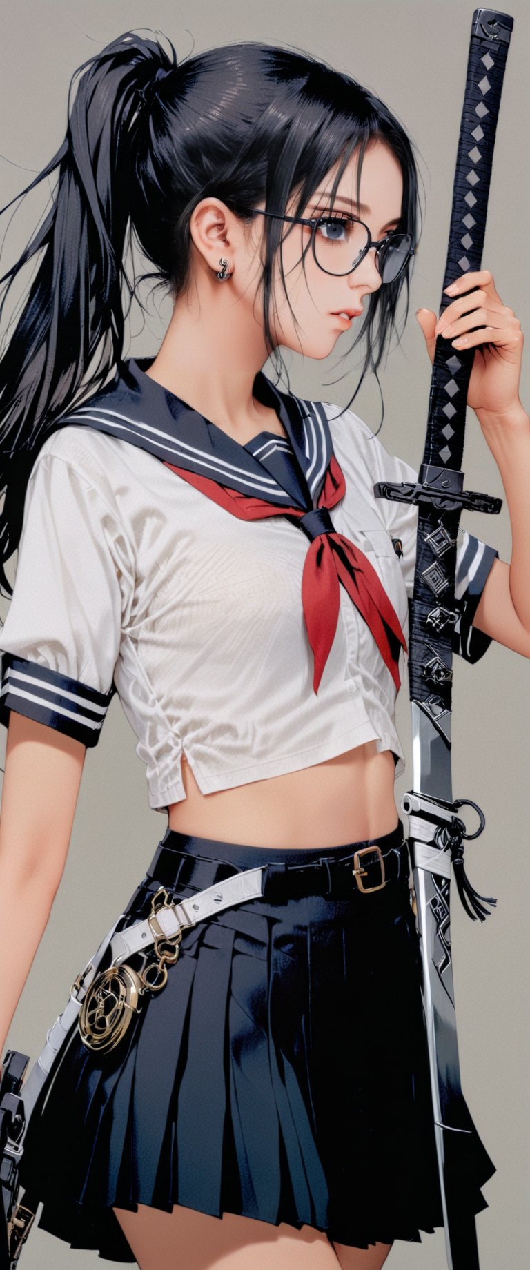 1girl, solo, long hair, bangs, skirt, shirt, black hair, navel, holding, jewelry, school uniform, white shirt, ponytail, weapon, short sleeves, pleated skirt, earrings, glasses, serafuku, midriff, belt, sword, black skirt, sailor collar, grey background, holding weapon, black eyes, from side, tattoo, holding sword, katana, sheath, mechanical arms, single mechanical arm