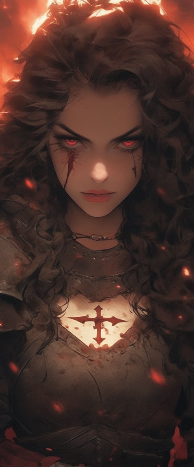 fierce woman warrior woman , covered in blood. Her eyes glow in the dark with red light.medieval crusader armor,broken plates, rusty and dirty. She wears no helmet. She stands in a cave, figthing demons,fighter og god, light seeping in.,sooyaaa,ct-niji2,DonMn1ghtm4reXL