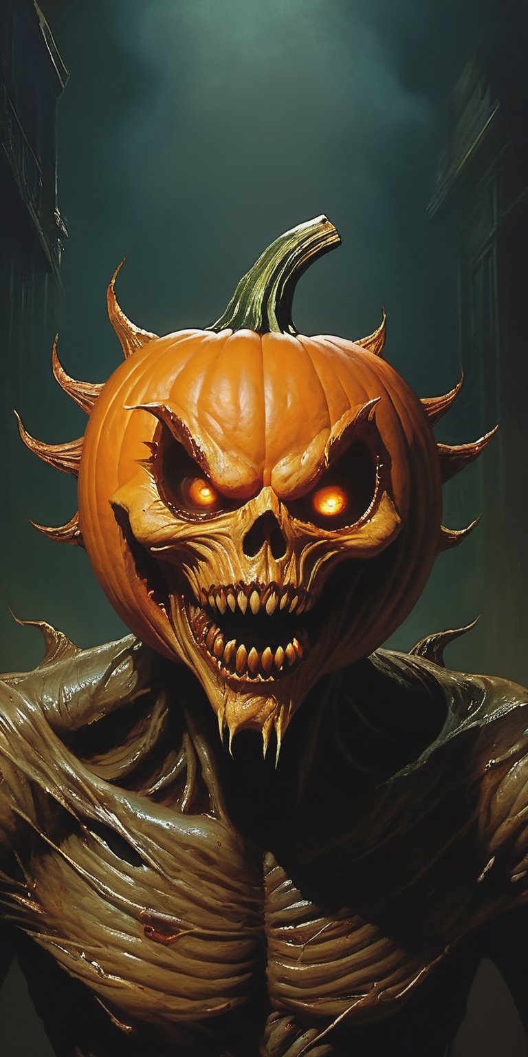 a pumpkin monster creature . Its body combines twisted metal with pulsating flesh. .  grotesque face , with metallic jaws, glowing eyes, and rows of sharp teeth . dark tense and unsettling atmosphere, wearing a cap .sending a postcard,.office,wearing a l.a cap, reflections, full bodyblood,fear,  By renowned artists such as ,, Francis Bacon, . Resolution: 4k.,,aw0k euphoric style,HellAI,monster,JPO,fire