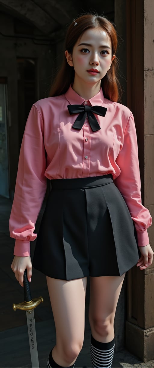 a female doll  like stands in a dark alleyway, holding a sword in her right hand. She is dressed in a pink long-sleeved shirt, a black skirt, and striped socks. Her hair is a vibrant shade of brown, and her eyes are a piercing blue. She has a black bow tie around her neck, adding a pop of color to her outfit. Her left hand is positioned in front of her body, while the right hand is resting on her hip. Her shadow is cast on the wall on the right side of the image.