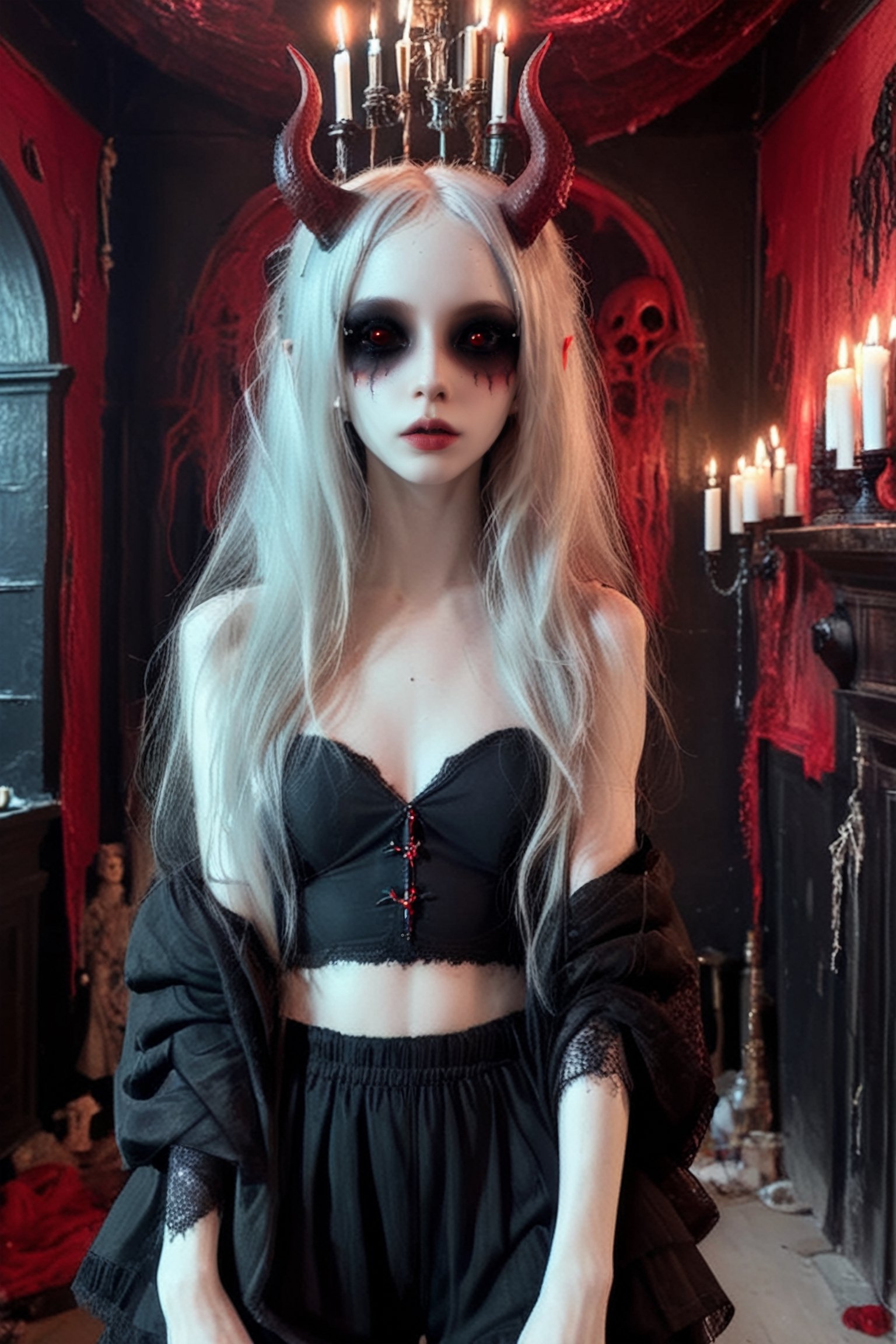 young pale skin demon  girl  with oversized red sunglesses,long messy hair , hair ,  , wearing latex outfitt

(room has gothic walls with creepy decorations, candels , gothic furniture:1.1)  

( young face:1.2),
modern, (high detailed skin:1.2), 8k uhd, dslr, soft lighting, high quality, film grain, Fujifilm XT3 ,  , relaxing, long hair, ,sooyaaa,detailmaster2,more detail XL,Anime 