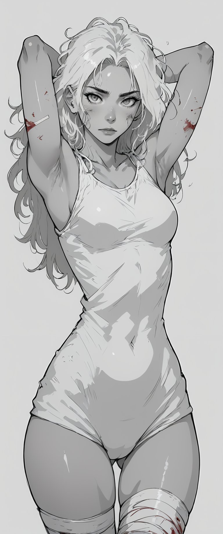 1girl, solo, long hair, breasts, looking at viewer, monochrome, greyscale, armpits, blood, bandages, messy hair, arms behind head, spot color, injury, bandaged leg, score_6, score_7_up, score_8_up,score_9