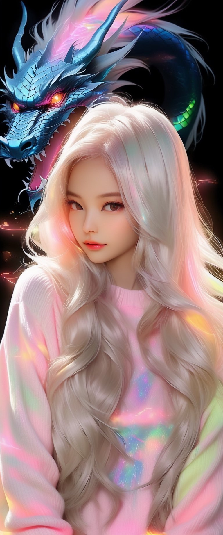 high energy model wearing neon evening sherbet colored luminescent sweater, long straight white platinum hair, lightly glowing, iridescent artsy background, dragon, coffee, half body shot, airbrushed realistic anime 
,ct-drago