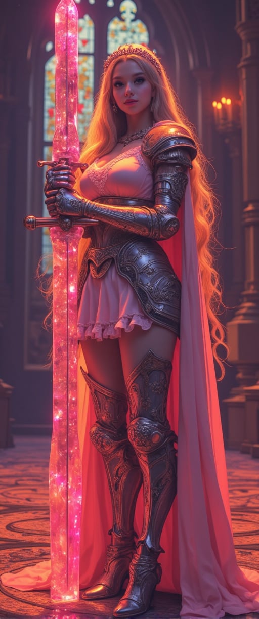 In a majestic throne room bathed in warm, stained glass hues, a regal princess knight stands resolute, her brilliant locks aglow under a soft, otherworldly light. Her delicate tiara adorns her flowing hair as she grasps a colossal, crystal neon luminiscent sword that radiates an ethereal glow. The ornate plate mail and frilly dress harmonize strength with femininity, while the billowing cape adds dramatic flair to her heroic stance against the warm, depth-rich stained glass windows in the background. In 8K resolution, intricate armor design, expressive faces, and seamless double exposure effects blend together in a vibrant art style reminiscent of classic illustrations with modern flair, achieving movie special effects quality.,ct-skyzo_identity,ct-bustyy2