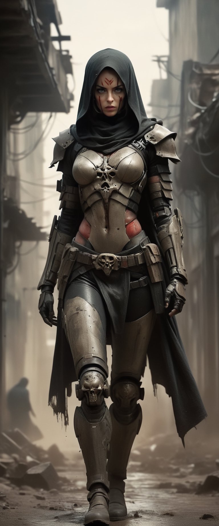 masterpiece, biomechanical legs, combat nun warriror, angry ,, stands arms on hips, red hood, combat ready in an dusty city post apocaliptic ruins, covered in dust, antion shot, movie still, volumetric light, dark and moody style, tense athmosfere, intrincate details, ultra high detallieded, Shattered Armor, rainy, mud