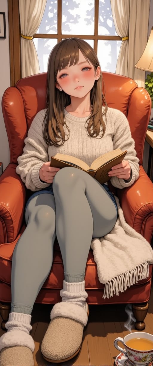 In the serene watercolor illustration Serene Reverie, Chia lounges in her cozy armchair, surrounded by warm colors and textures. She wears a soft knit sweater and snug leggings, her feet clad in wool socks and fluffy slippers. A soft blanket drapes over her lap, cocooning her in security. Her expression reflects quiet contentment as she holds an open book, on the brink of slumber. The room is bathed in gentle lighting, with a steaming cup of tea nearby, inviting the viewer to immerse themselves in Chia's reverie.