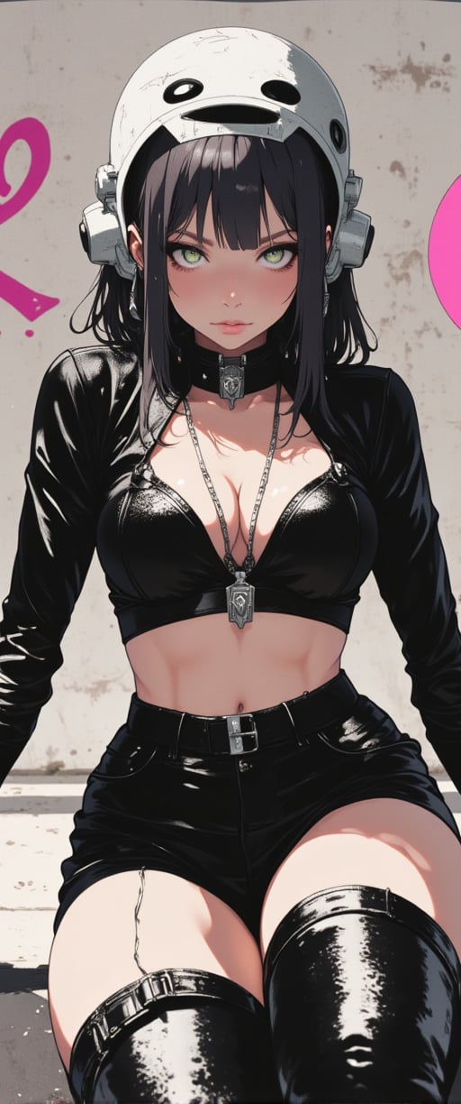 An animated animated image of a woman with black hair and green eyes. She is wearing a black leather outfit with a silver necklace around her neck. She has a silver pendant hanging from her chest. Her arms are outstretched and her legs are crossed. Her head is encased in a white helmet that is adorned with a white design. The background is a gray wall with pink graffiti on it. To the right of the woman is a pink circle with a black circle in it.