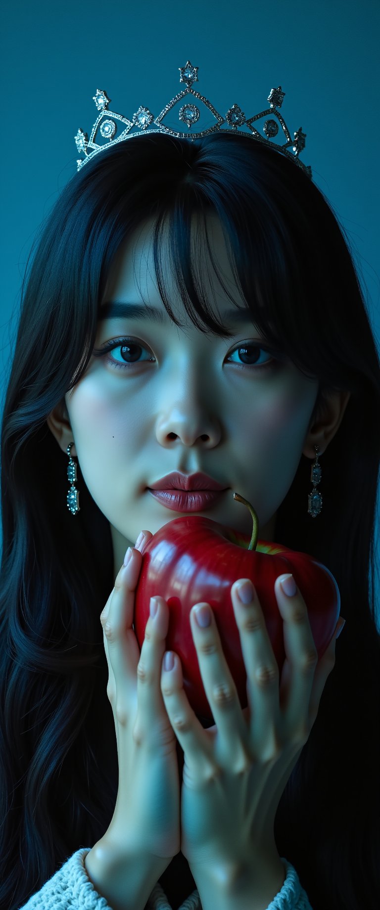 A cinematic close-up shot of a single girl with long, flowing hair and piercing blue eyes, gazing directly at the viewer. Dimly lit, the scene is bathed in misty, realistic lighting that accentuates her features. Her bangs frame her face as she holds a juicy red apple, its sparks catching the light. Chiaroscuro highlights the contours of her upper body, where she wears elegant earrings and a delicate crown. Freckles dance across her cheeks as her lips curve into a subtle smile. The blue background adds depth to the composition, with the dark tones creating a sense of mystery., ct-jissoo,ct-amantity,ct-chasartre,ct-hyuntity,ct-leetity