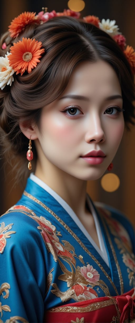 a woman dressed in a traditional Japanese kimono, adorned with a blue robe and a red dress. Her hair is styled in a wavy bob, and she is adorned with two flowers in her hair, adding a touch of beauty to the scene. The backdrop is blurred, creating a stark contrast to the woman's outfit..,ct-vituajis,ct-arix,detailerlora,intricate portrait