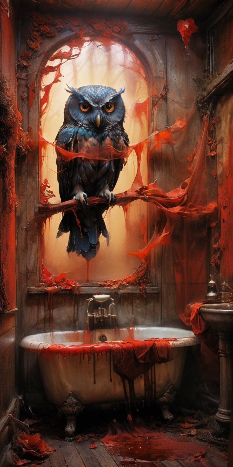 a tormented  ghost taking a bath in the washroom, and an owl watching him through the window in a dark, atmospheric setting,falconry . chiarosaur, element of terror. Dark and moody, with hints of red to emphasize the presence of blood. By renowned artists such as H.R. Giger, Zdzisław Beksiński, and Brom. Resolution: 4k.,sooyaaa,aw0k euphoric style,detailmaster2,DonMn1ghtm4reXL,xxmixgirl,FilmGirl,ghost,transparent,xxmix_girl,rosy