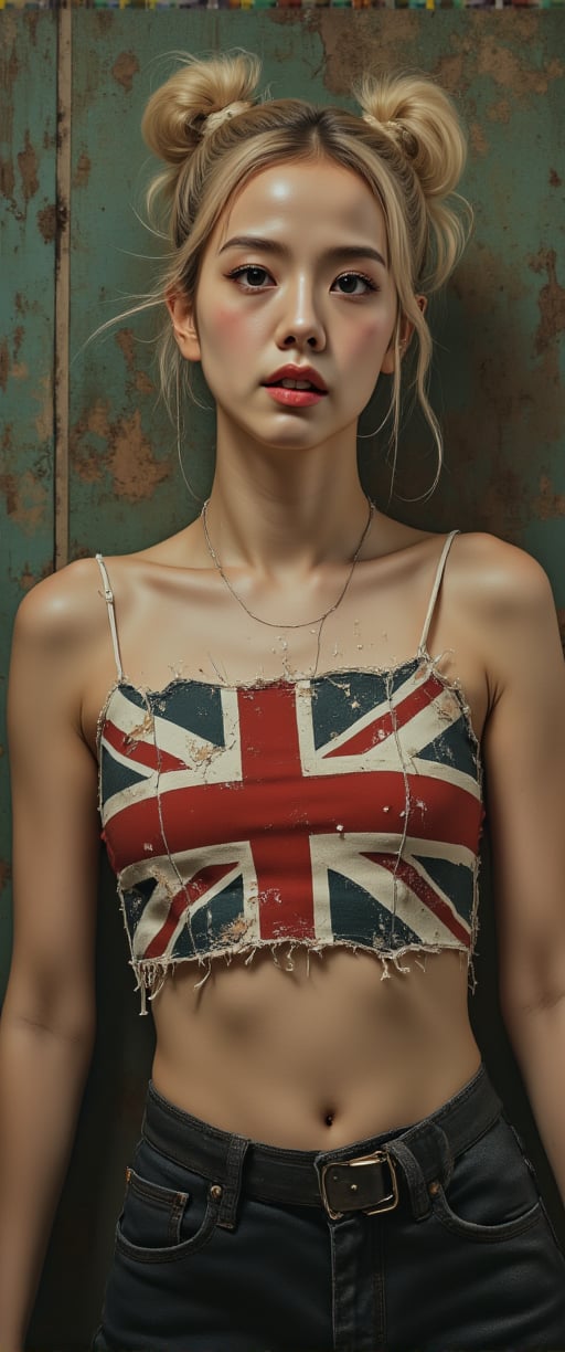 This image is a highly detailed, realistic digital painting of a woman standing in a gritty, rundown room. She is a young woman with a pale, athletic build and light skin, wearing a punk-inspired outfit. She has platinum blonde hair styled in two high pigtails. Her outfit includes a white crop top with the Union Jack flag emblazoned on the chest, which is torn and revealing her midriff.