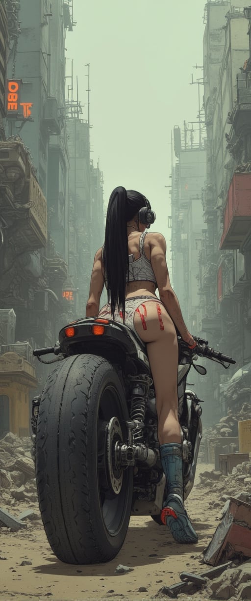 A lone figure emerges from the desolate wasteland, a cyberpunk motorcycle's metal frame gleaming in the dim light. A girl with long black hair tied back in a ponytail, wearing a red and white striped skirt and blue-red boots, rides the bike with an air of mystique. Her headphones and earphones hint at a world beyond this trash-strewn landscape. The motorcycle's black tire glows like a dark jewel as she navigates the dusty terrain.