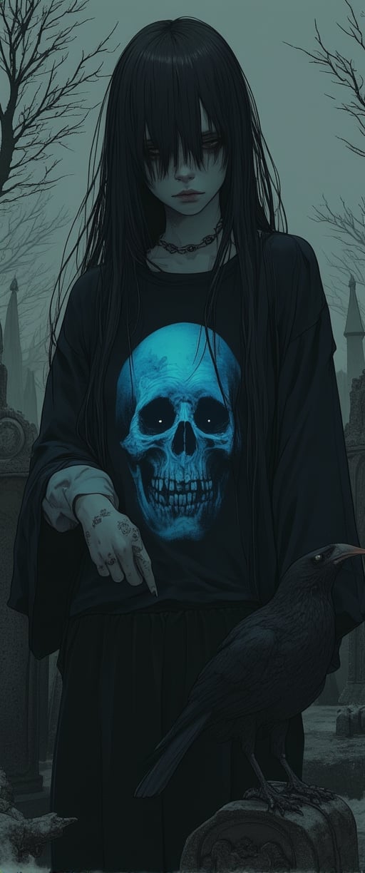 A mysterious and captivating gothic scene featuring a young woman in her element. She has long, straight black hair cascading down her shoulders, with a somber expression that perfectly complements the overall mood. The melancholic atmosphere is accentuated by her loose-fitting black shirt, adorned with a glowing blue skull graphic that stands out against the darkness. A raven perches on her hand, its black feathers blending seamlessly with the night. The faint mist that curls around her legs enhances the eerie ambiance. The background reveals a gloomy cemetery, with twisted, barren trees casting haunting shadows and tombstones barely visible in the distance. The image is rendered in black-and-white tones, with subtle shades of blue highlighting the skull design on her shirt. The overall impression is that of a gothic illustration come to life, evoking, 3d render, cinematic, vibrant, photo
,ct-animepopstyle,anime,ct-identityV2,cyberpunk,ct-skyzo_identity
